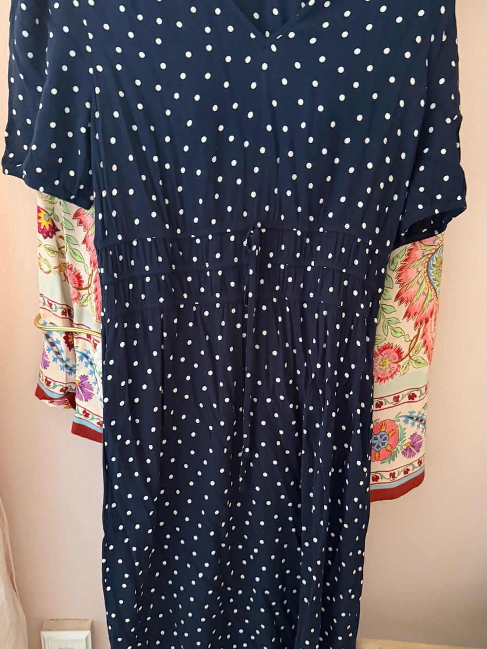 Navy Polka Dot Midi Dress with V-Neck and Smocked Waist